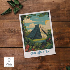Mexico Chichén Itzá Mayan Pyramid Poster Jungle Ruins Travel Print El Castillo Art framed by vibrant jungle scenery.