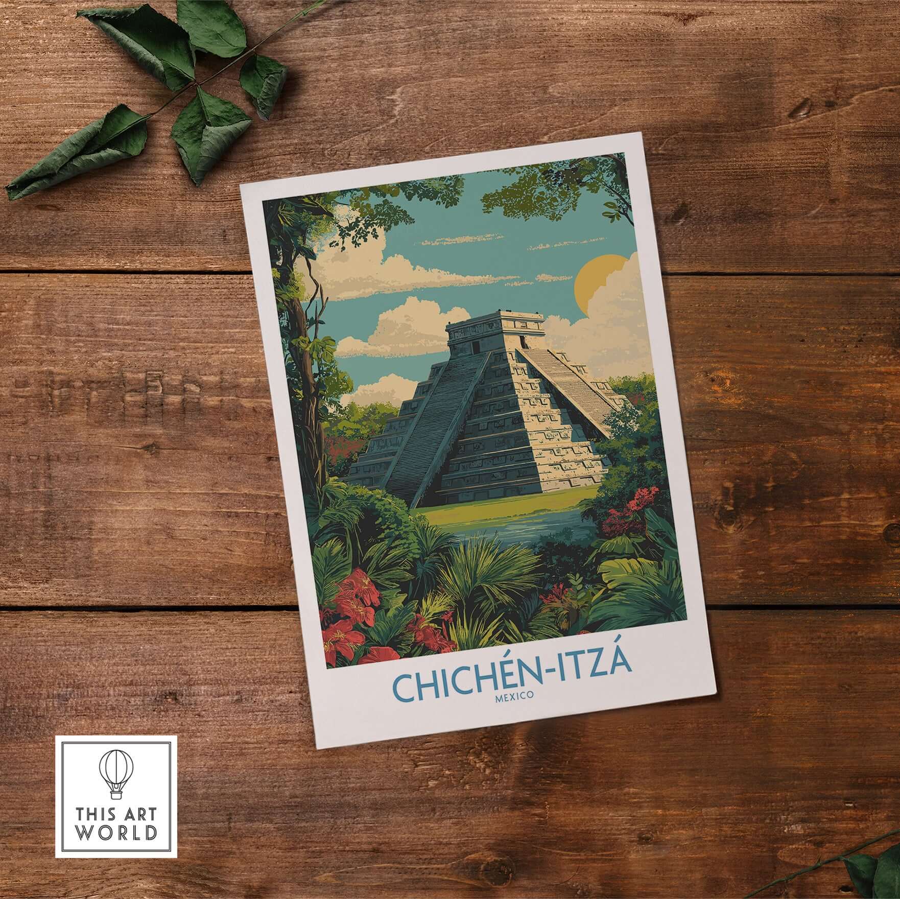 Mexico Chichén Itzá Mayan Pyramid Poster Jungle Ruins Travel Print El Castillo Art framed by vibrant jungle scenery.