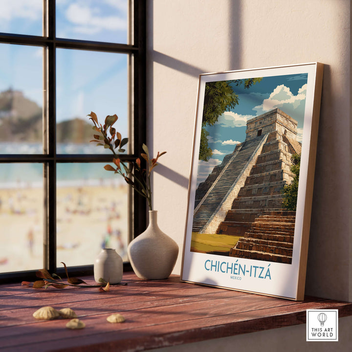Chichén Itzá poster featuring the iconic Kukulcan Pyramid in a sunlit room with a view of the beach.