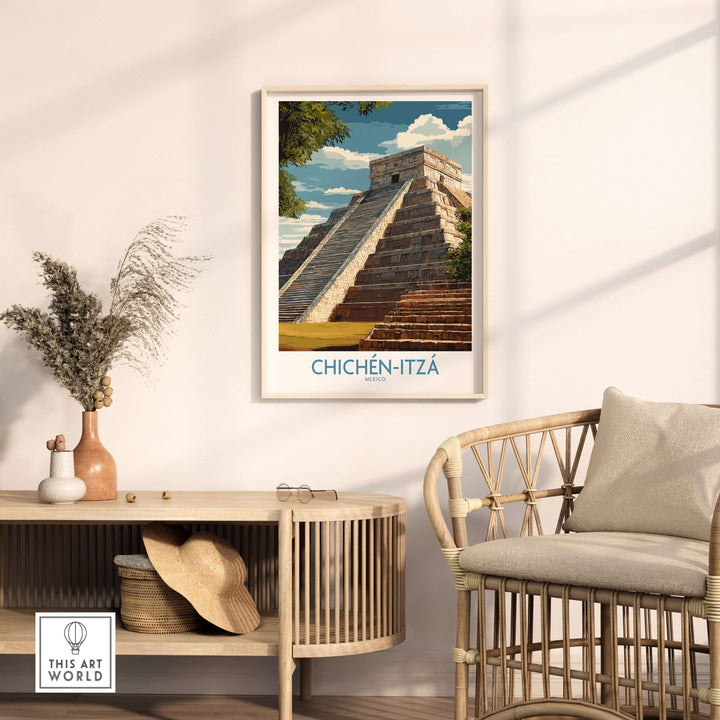 Chichén Itzá El Castillo poster featuring the iconic Mayan temple, displayed in a stylish interior setting.