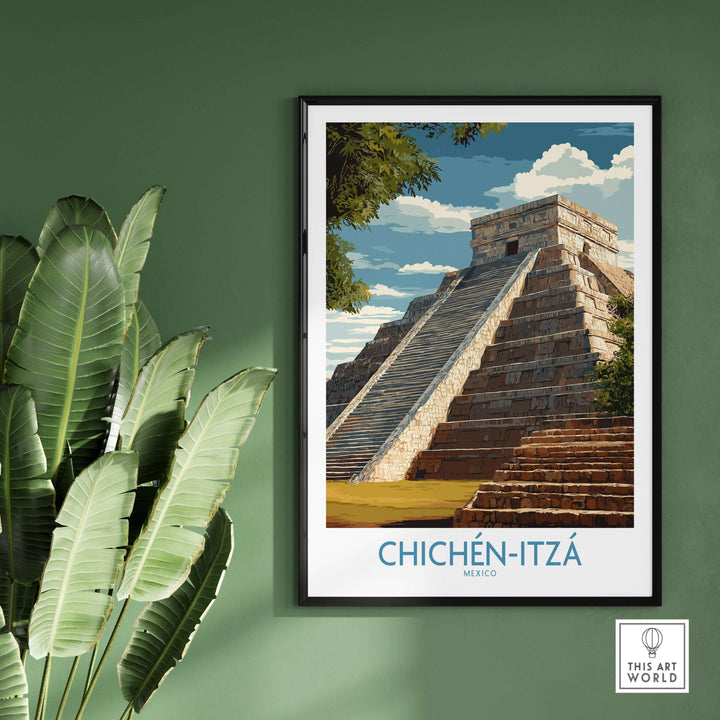 Chichén Itzá El Castillo poster featuring the iconic Mayan temple, framed by lush greenery and a vibrant sky.