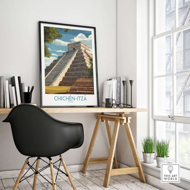 Chichén Itzá El Castillo poster displayed in stylish home office, showcasing the Mayan temple artwork.