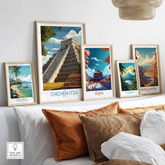 Mexico Chichén Itzá El Castillo Poster Mayan Temple Travel Print Ancient Ruins Wall Art displayed in a gallery wall arrangement.