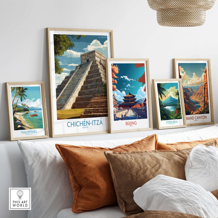 Framed travel posters featuring Chichén Itzá, Beijing, Costa Rica, and the Grand Canyon, displayed on a stylish shelf.