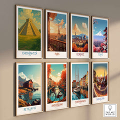Mexico Mayan Pyramid Chichén Itzá Travel Poster El Castillo Landscape Print Wall Art displayed with other famous landmarks.
