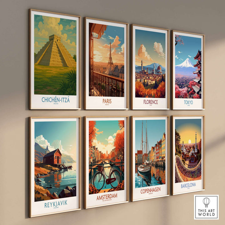 Eight vintage travel posters on a wall featuring landmarks including Chichén-Itzá, Paris, Florence, and Tokyo.