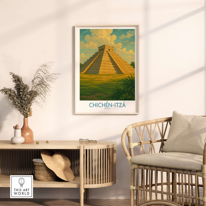 Chichén Itzá travel poster featuring Kukulcan Pyramid, framed in a modern living room setting.
