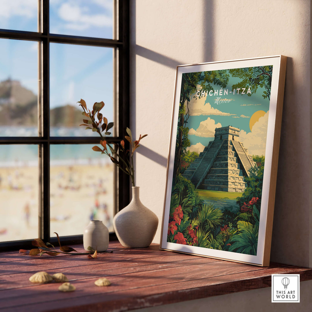 Chichén Itzá travel poster print featuring El Castillo pyramid amidst tropical foliage, displayed in a sunlit interior.