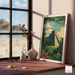 Chichén Itzá Mexico Travel Poster Pyramid Jungle Print Mayan Ruins Wall Art Decor featuring El Castillo in vibrant nature.