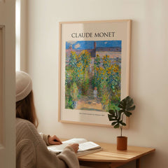 Monet Artists Garden at Vétheuil Sunflowers Impressionist Art Print Poster displayed in cozy room.