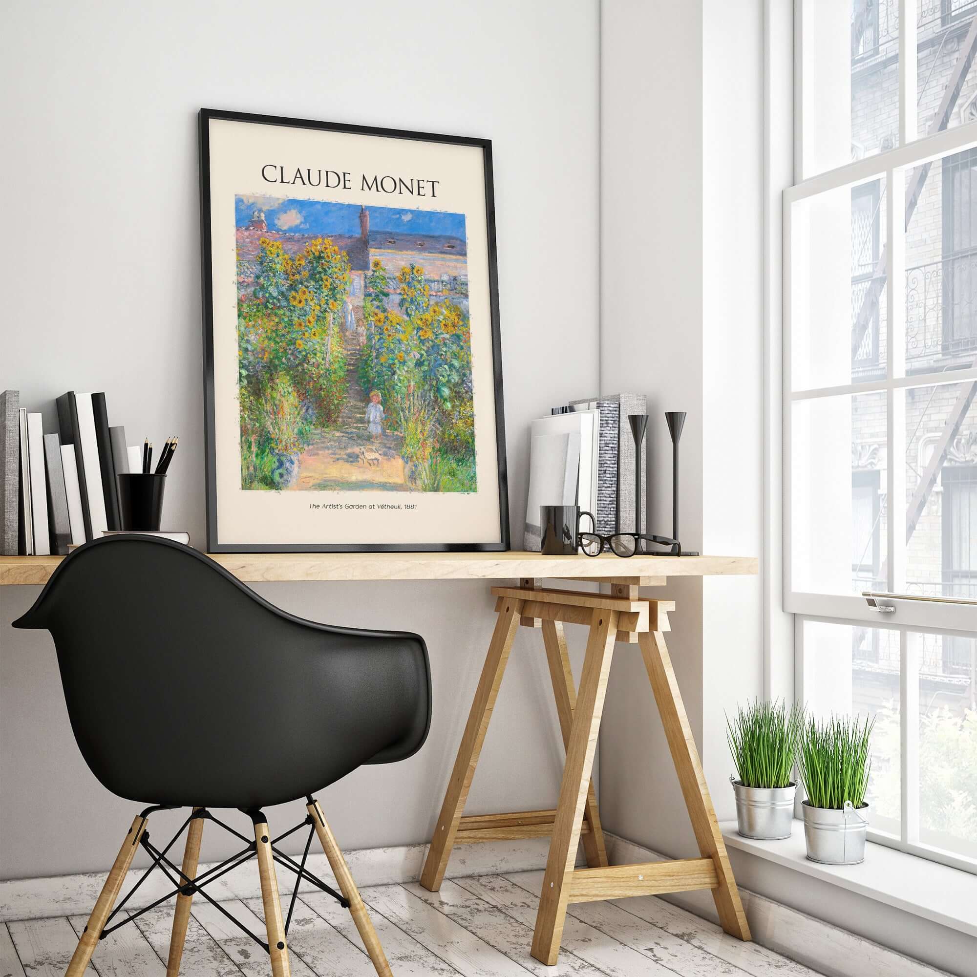 Monet Artists Garden at Vétheuil Sunflowers Impressionist Art Print Poster displayed in a stylish home office setting.