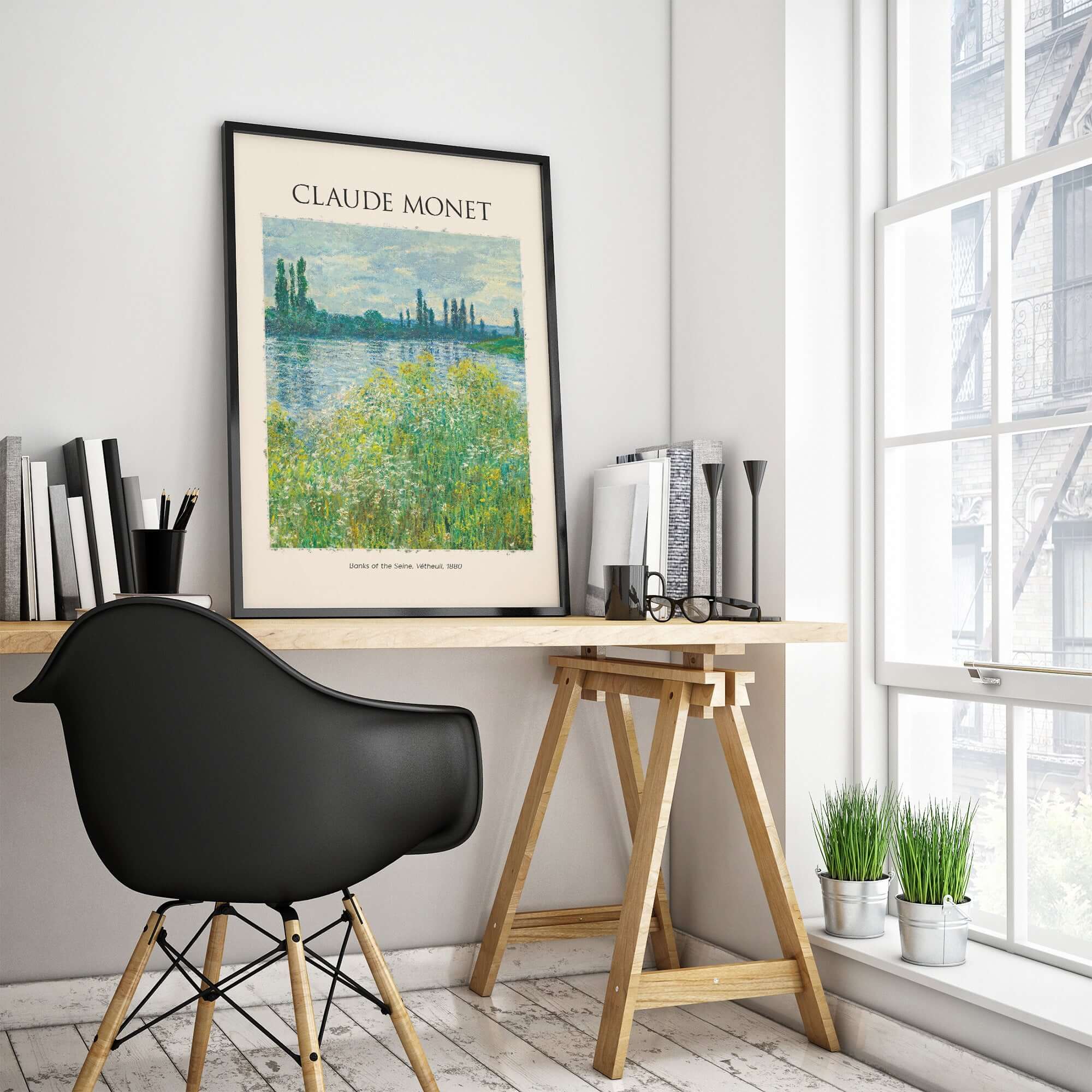 Monet Banks of the Seine Vétheuil River Landscape Art Print Poster displayed in a modern home office setting.
