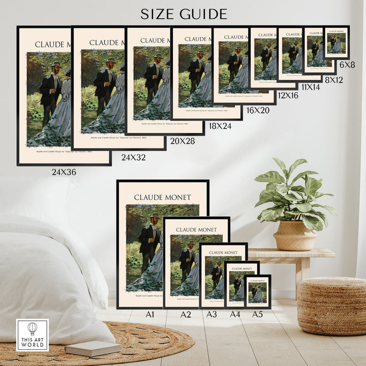 Size guide for Claude Monet art print featuring various frame sizes and a decorative indoor setting.