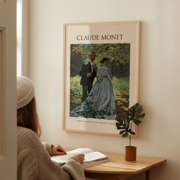 Woman studying in front of Claude Monet's art print featuring figures in a woodland setting.