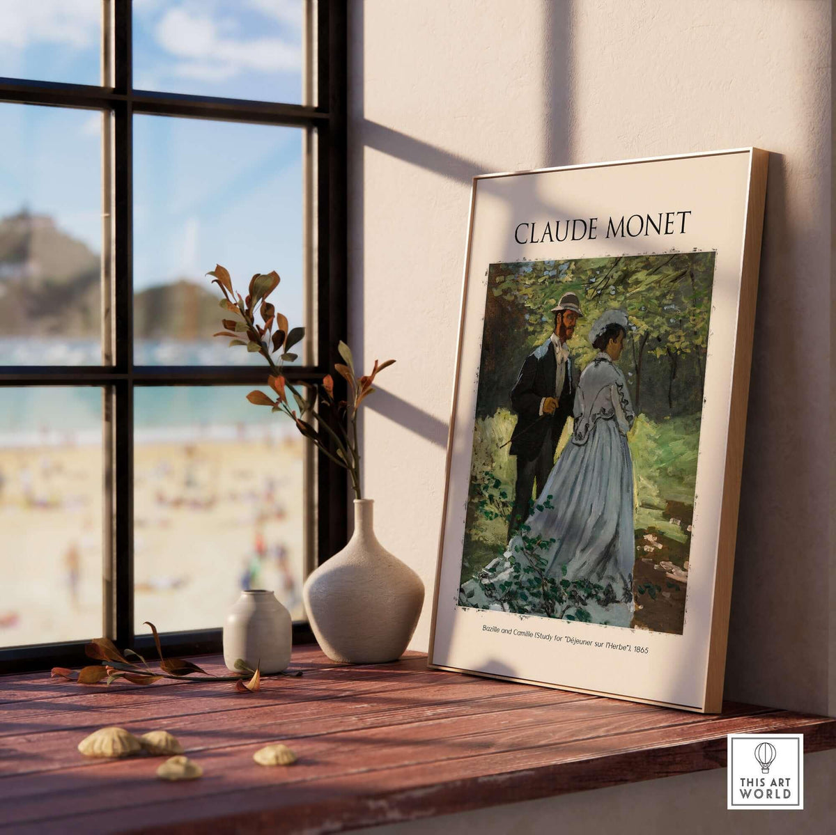 Monet Bazille and Camille Déjeuner sur l Herbe Study Impressionist Poster Art Print displayed in a sunlit interior setting.