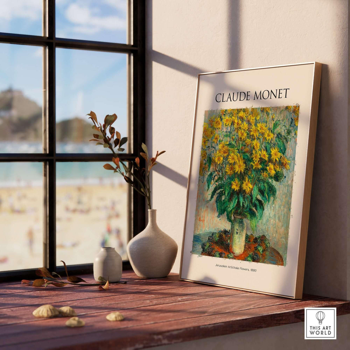 Monet Jerusalem Artichoke Flowers Still Life Floral Art Print Poster displayed on a wooden table near a window.