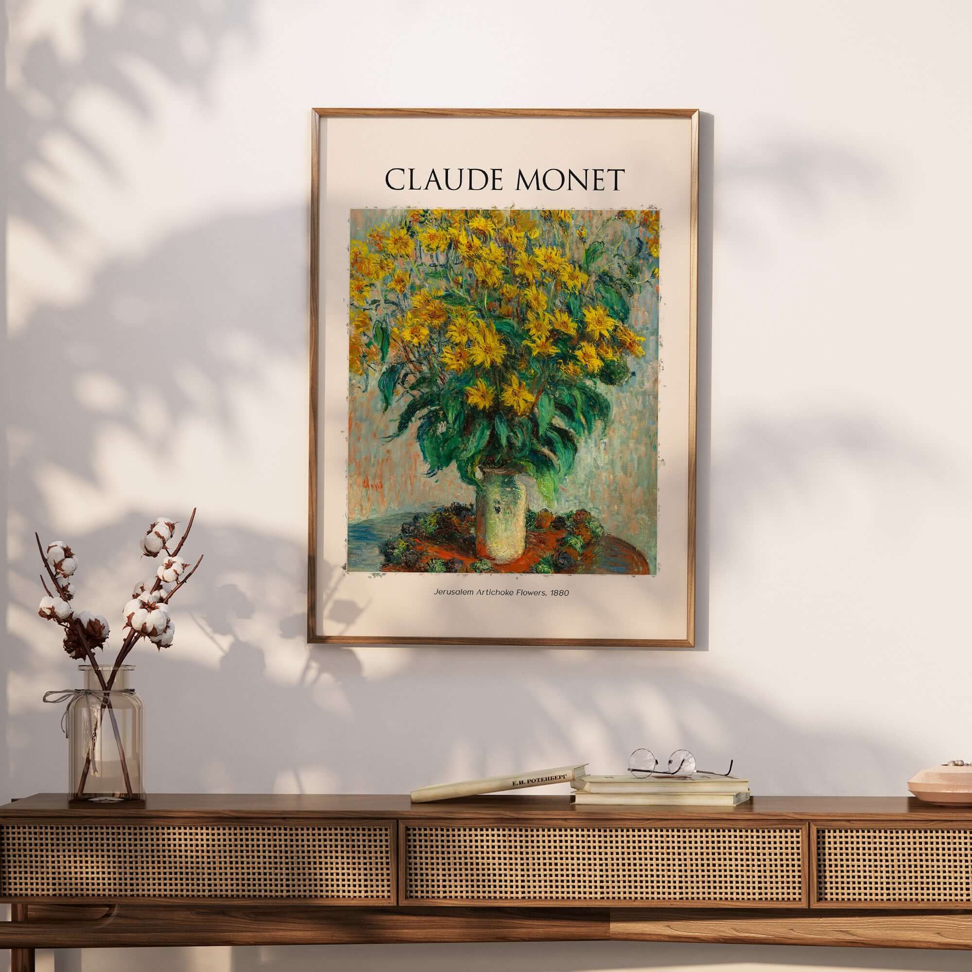 Monet Jerusalem Artichoke Flowers Still Life Floral Art Print Poster featuring vibrant yellow flowers in a vase.