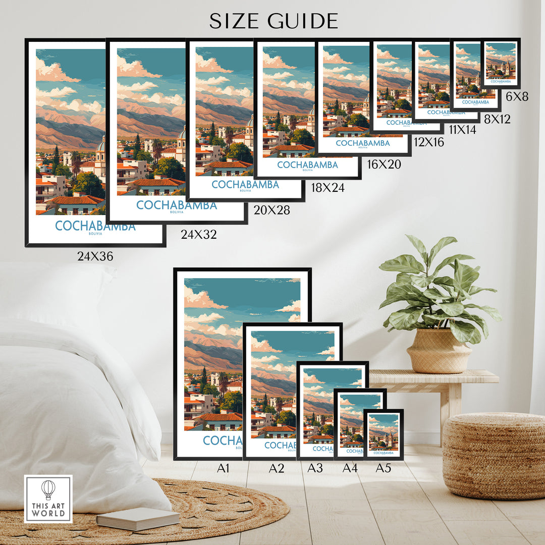 Size guide for Cochabamba Bolivia art prints showcasing various frame sizes and vibrant city decor.