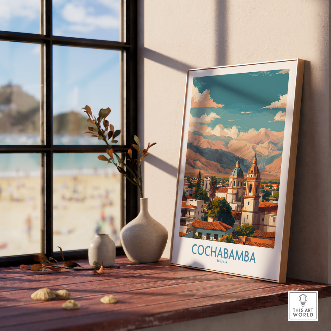 Cochabamba Bolivia art print displayed in a bright room, showcasing vibrant culture and landscape.