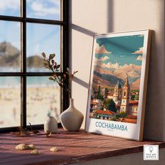 Cochabamba Bolivia Art Print - South America City Decor displayed in a sunlit room with a scenic landscape background.
