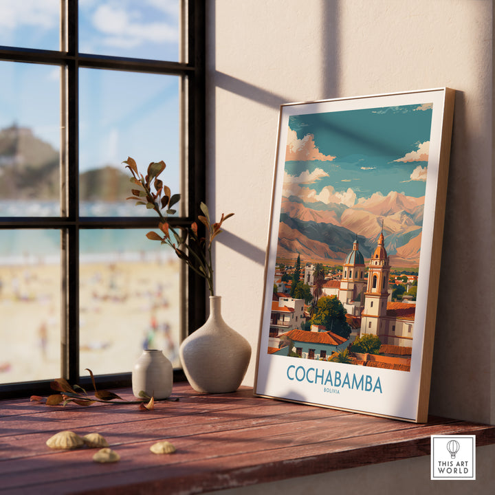 Cochabamba Bolivia art print displayed in a bright room, showcasing vibrant culture and landscape.
