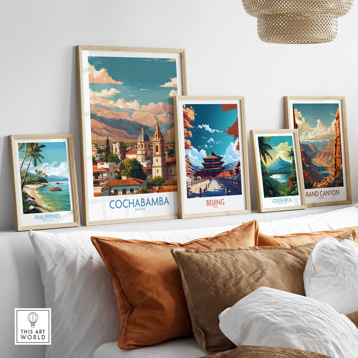 Decorative art prints featuring Cochabamba, Beijing, Costa Rica, and the Grand Canyon on a stylish mantel.