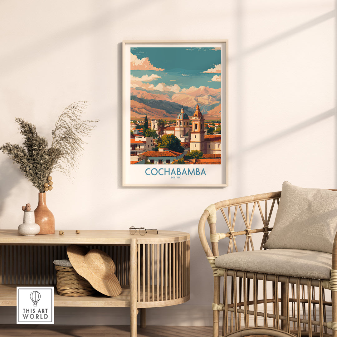 Cochabamba Bolivia art print displayed in a stylish living room with natural decor elements.