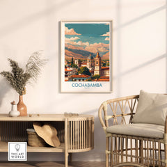 Cochabamba Bolivia Art Print - South America City Decor displayed in a cozy home setting with plants and furniture