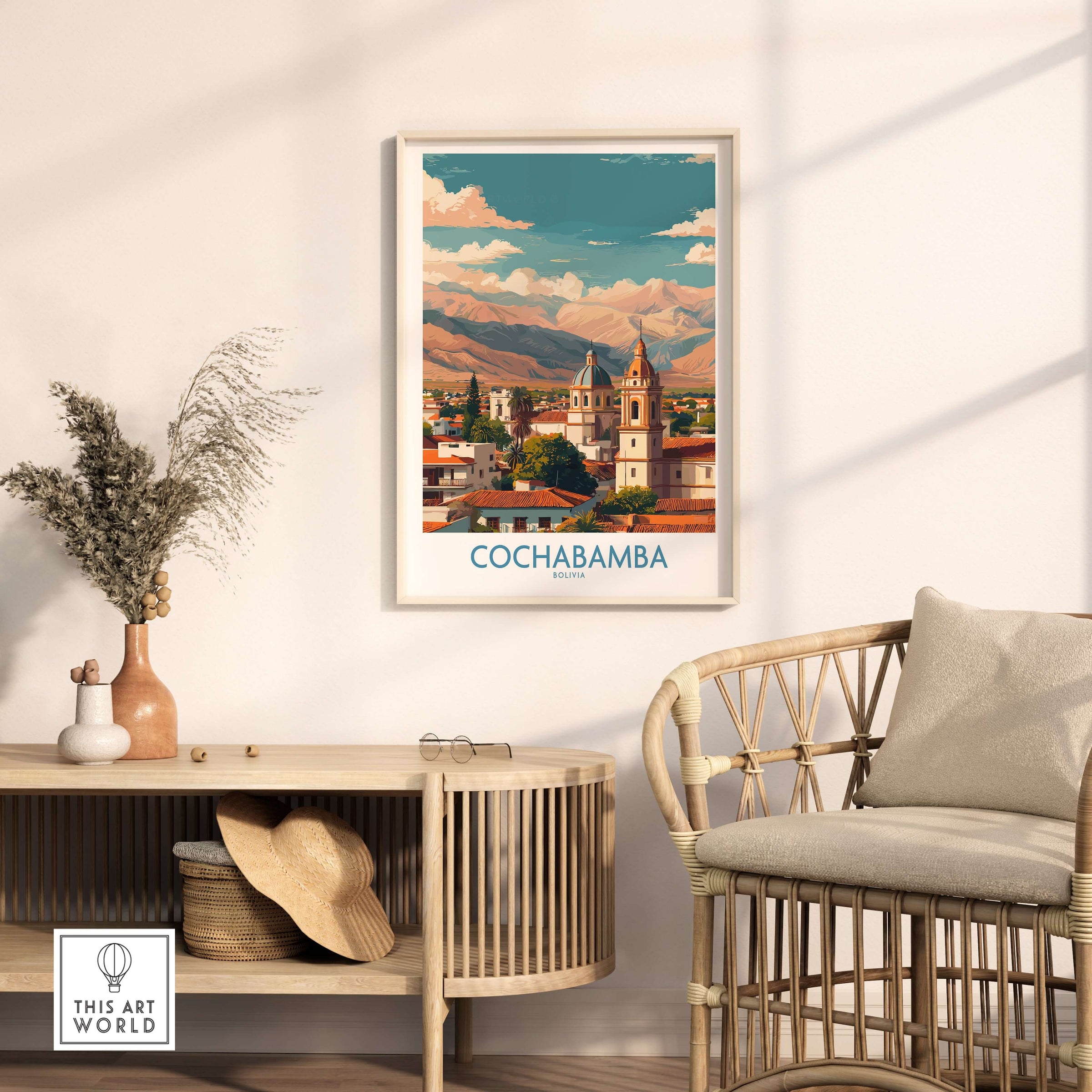 Cochabamba Bolivia Art Print - South America City Decor displayed in a cozy home setting with plants and furniture
