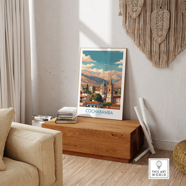 Cochabamba Bolivia art print displayed in a cozy home interior, showcasing vibrant cityscape and mountains.