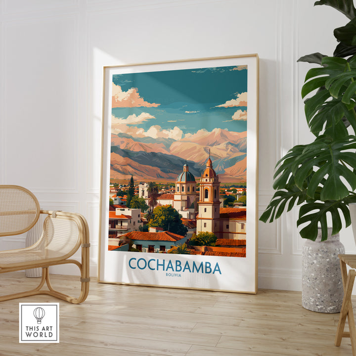 Cochabamba Bolivia art print featuring vibrant colors and iconic architecture in a stylish interior setting.