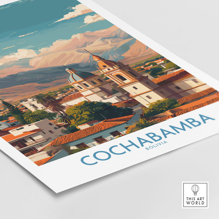 Cochabamba Bolivia art print featuring vibrant cityscape and mountains, perfect for South America decor.
