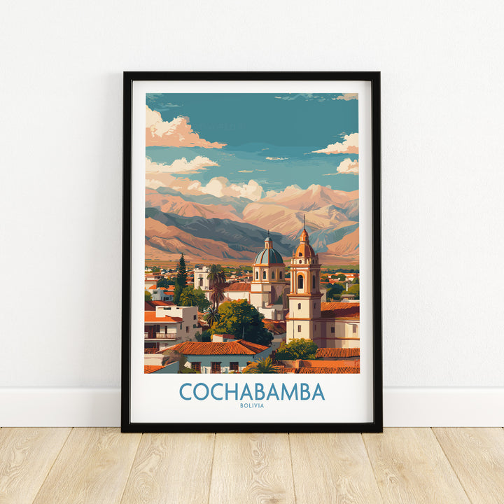 Cochabamba Bolivia art print showcasing urban landscape and mountains, perfect for South America city decor.