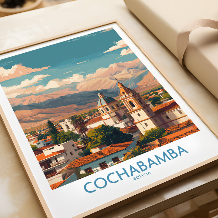 Cochabamba Bolivia art print showcasing vibrant cityscape and mountains, perfect for South America decor.