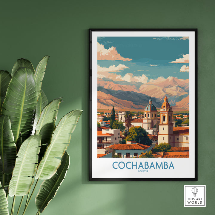 Cochabamba Bolivia art print showcasing vibrant cityscape and mountains, perfect for South America decor.