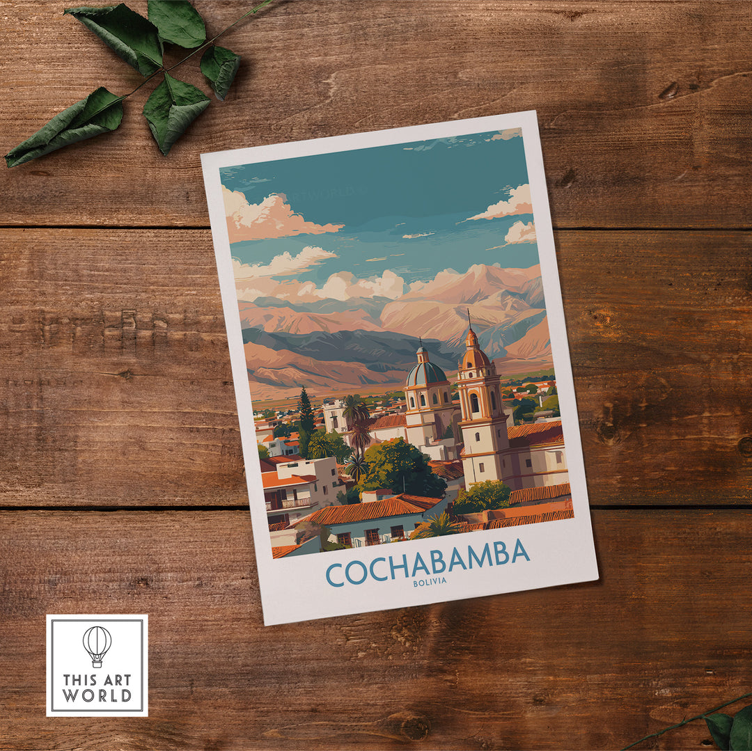 Cochabamba Bolivia art print featuring cityscape and mountains, perfect for South America decor.