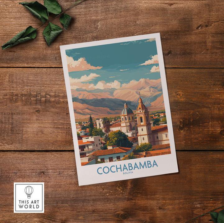 Cochabamba Bolivia art print featuring cityscape and mountains, perfect for South America decor.