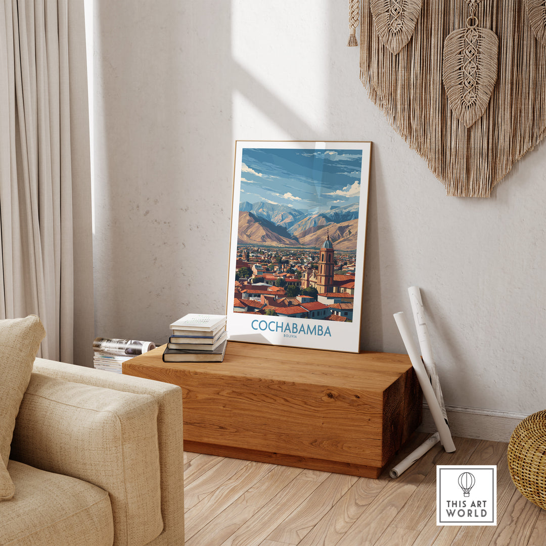 Cochabamba Bolivia city wall art displayed in a cozy living room, showcasing vibrant South American culture.