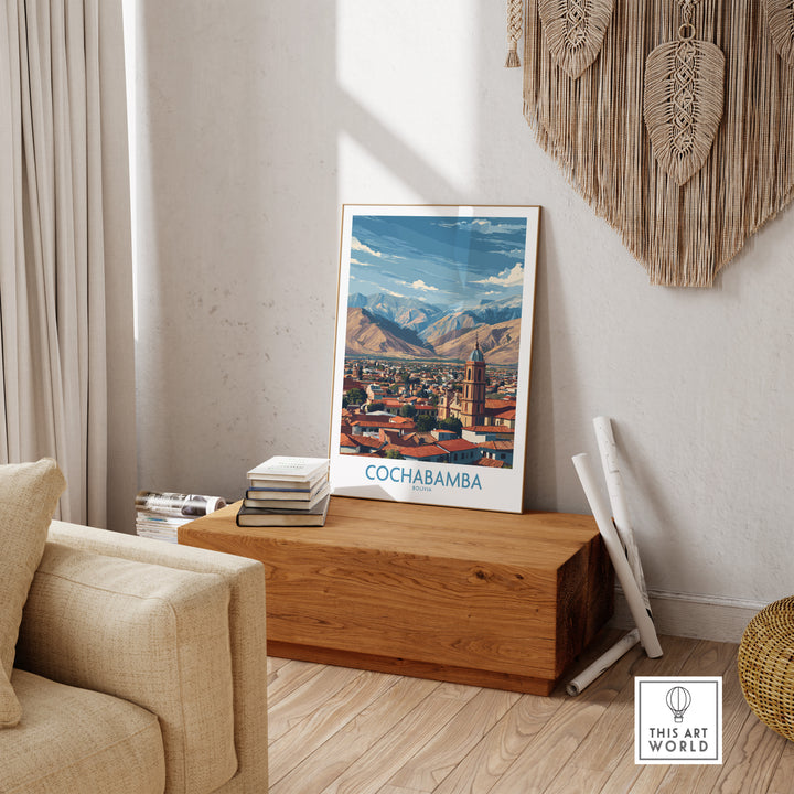 Cochabamba Bolivia city wall art displayed in a cozy living room, showcasing vibrant South American culture.