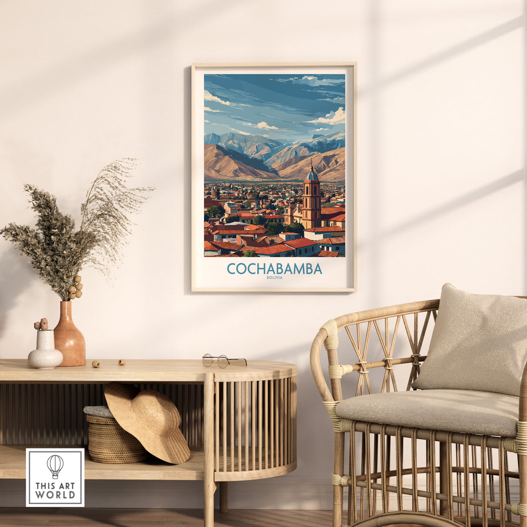 Cochabamba city wall art showcasing the vibrant landscape and mountains of Bolivia, perfect for travel decor.