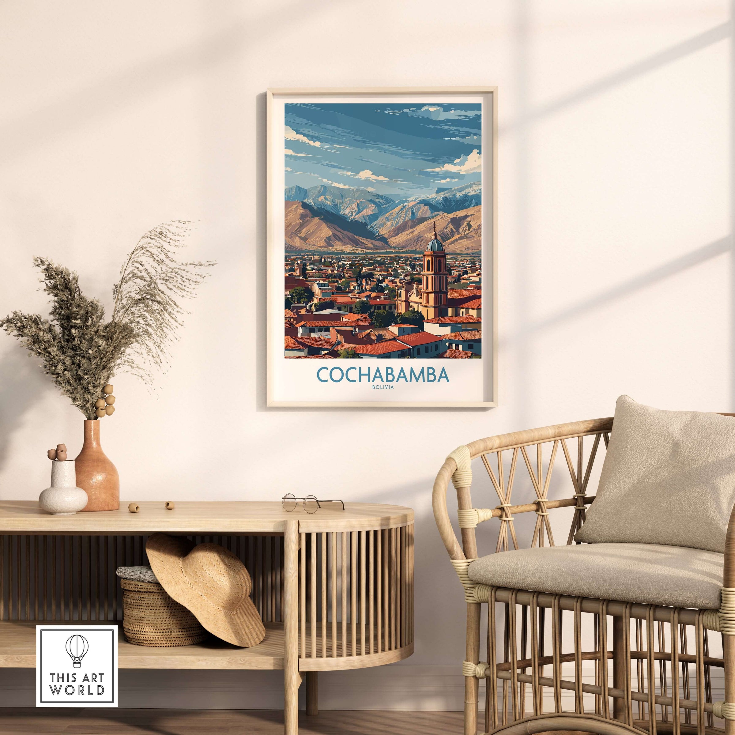 Cochabamba Bolivia City Wall Art - Bolivian Travel Decor showcasing a vibrant cityscape with mountains in the background.