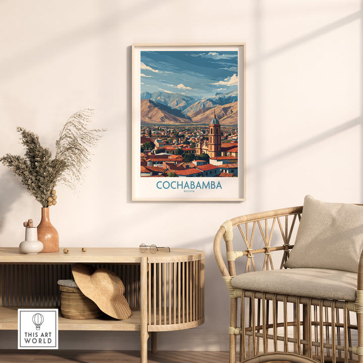 Cochabamba city wall art showcasing the vibrant landscape and mountains of Bolivia, perfect for travel decor.