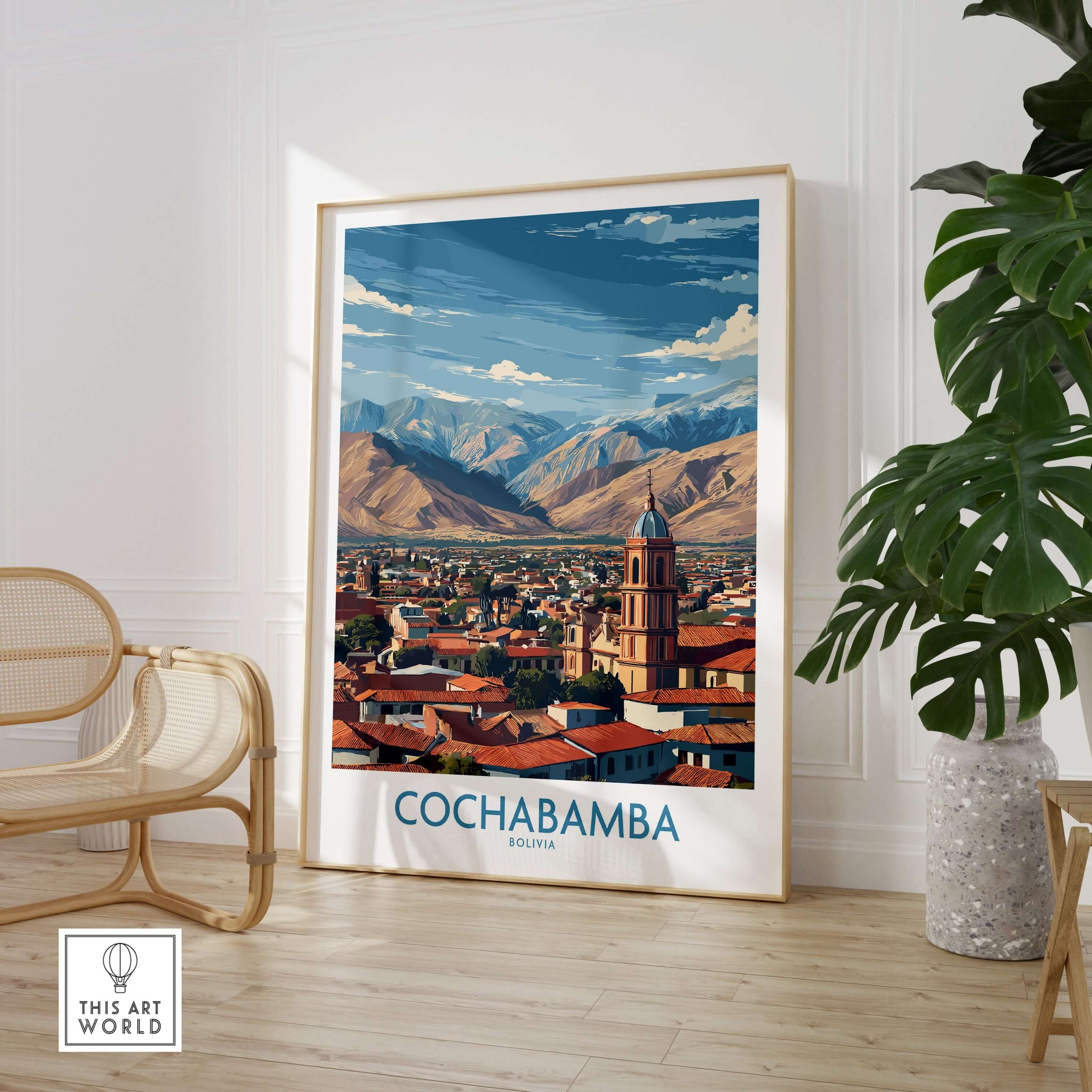 Cochabamba Bolivia City Wall Art - Bolivian Travel Decor featuring a vibrant landscape and cityscape of Cochabamba.