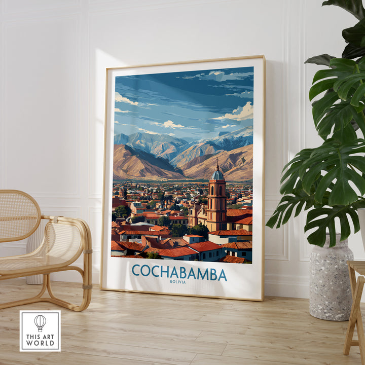 Cochabamba Bolivia city wall art featuring scenic landscape and mountains, perfect for travel decor.