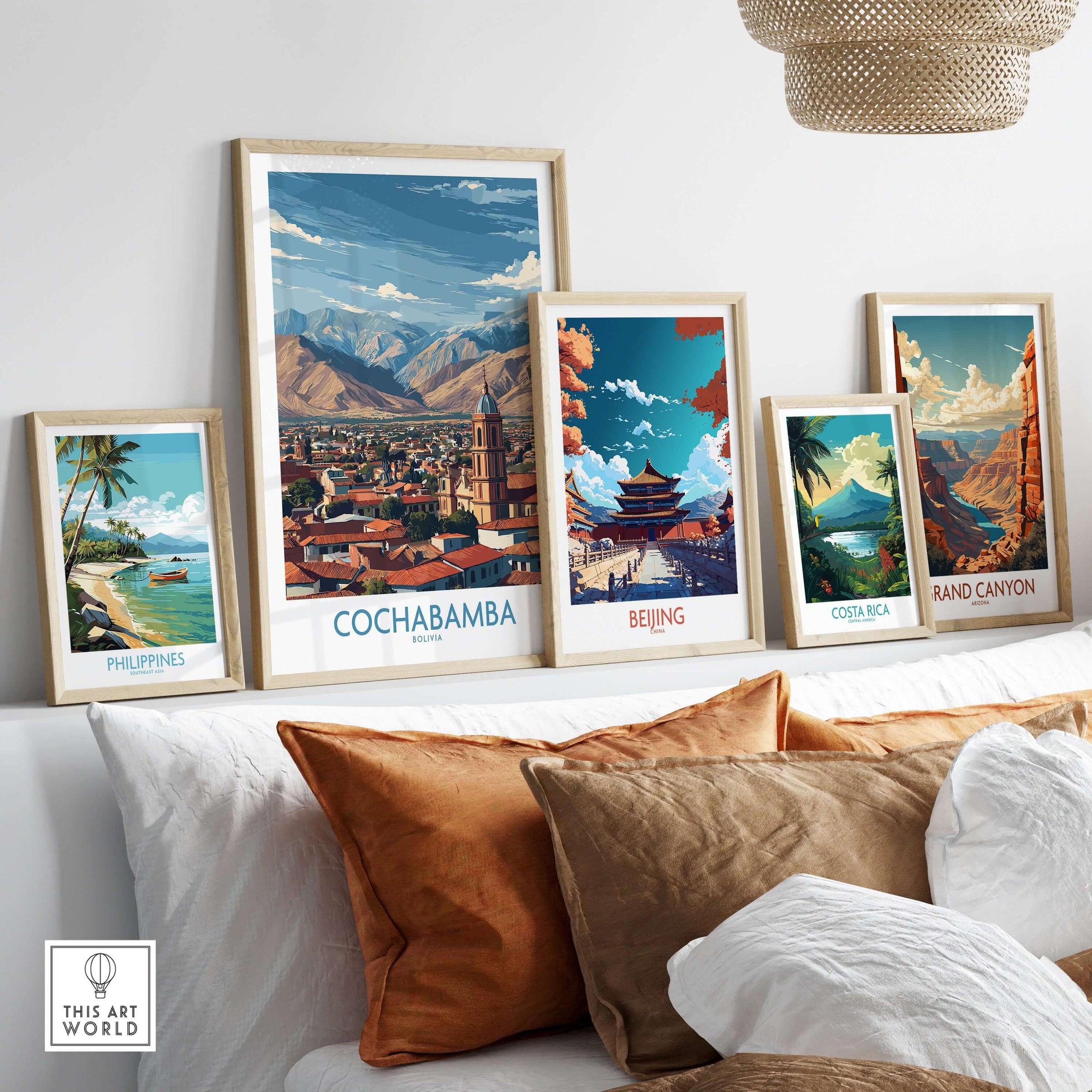 Cochabamba Bolivia City Wall Art - Bolivian Travel Decor displayed among other travel-themed artwork.