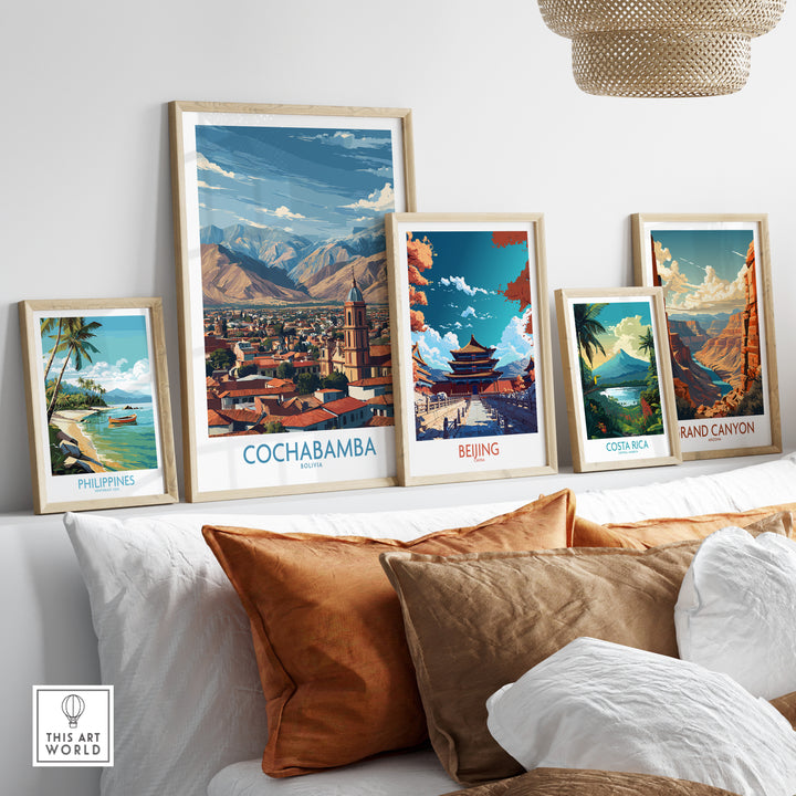 Vibrant Cochabamba Bolivia city wall art displayed with travel-themed prints in a stylish home decor setting.