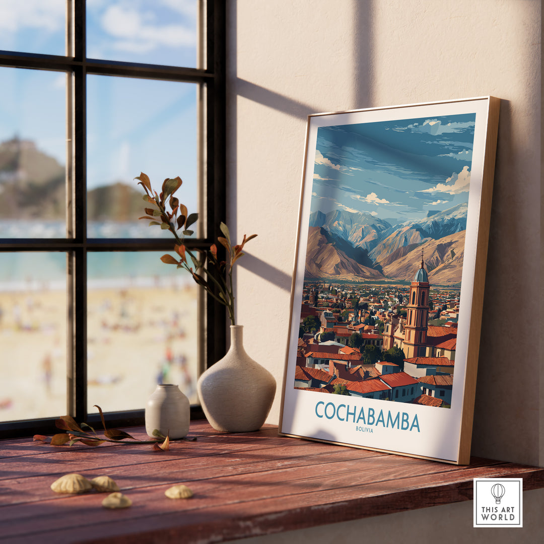 Cochabamba Bolivia city wall art displayed on a shelf, showcasing vibrant landscapes and cultural richness.