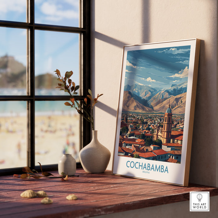 Cochabamba Bolivia city wall art displayed on a shelf, showcasing vibrant landscapes and cultural richness.