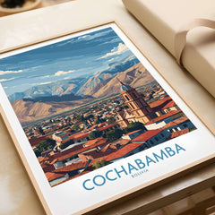 Cochabamba Bolivia City Wall Art - Bolivian Travel Decor showcasing the picturesque cityscape and mountains.