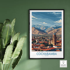 Cochabamba Bolivia City Wall Art - Bolivian Travel Decor showcasing the vibrant cityscape in a framed print.